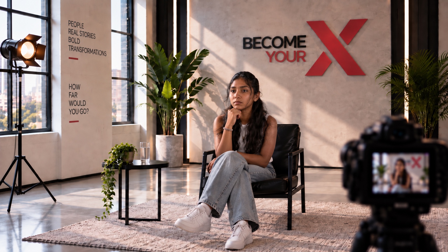 A young woman before her Cat Human transformation in the BECOME X studio