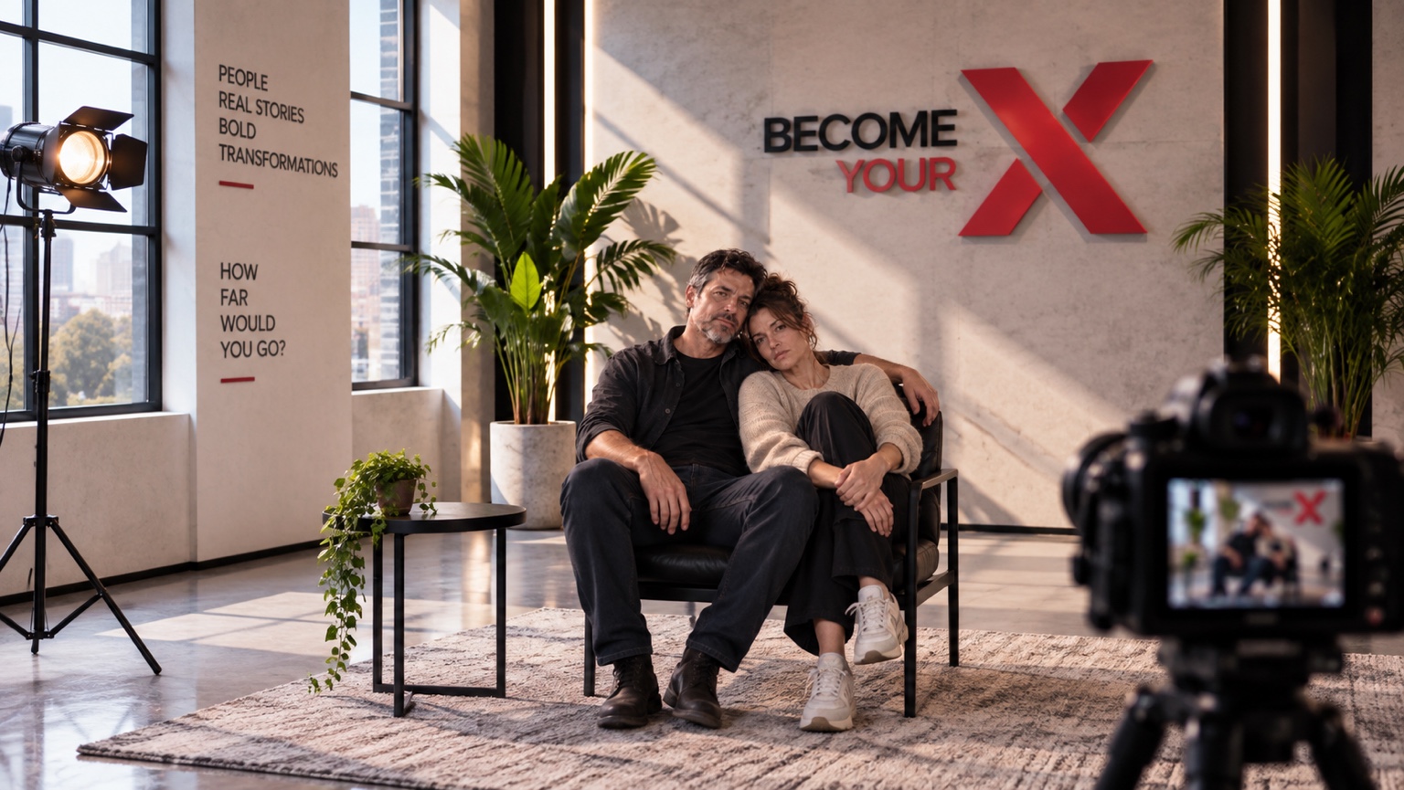 A couple before their BECOME X transformation in the studio