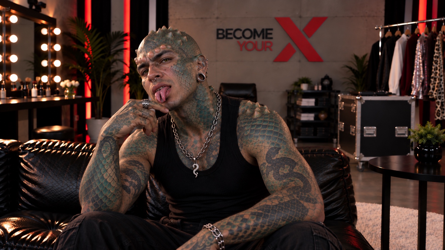 The same man after his Reptile Man transformation in the BECOME X studio